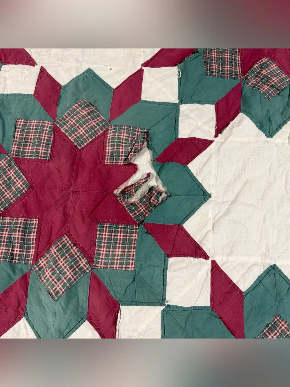 VTG Antique Very Old Quilt Blanket Patchwork 8 Pointed Stars 3D Hand Sewn 80x64”